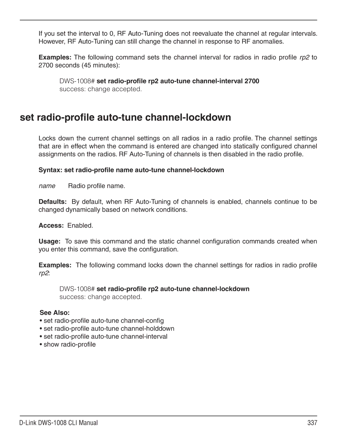 D-Link dws-1008 Set radio-profile auto-tune channel-lockdown, Syntax set radio-profile name auto-tune channel-lockdown 