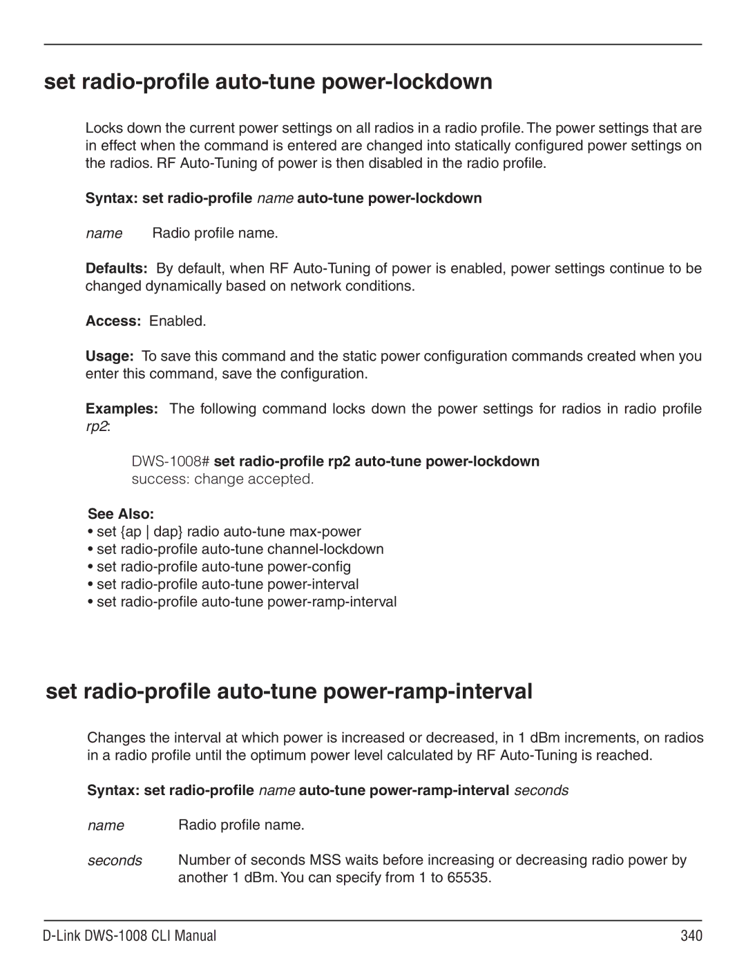 D-Link dws-1008 manual Set radio-profile auto-tune power-lockdown, Set radio-profile auto-tune power-ramp-interval 