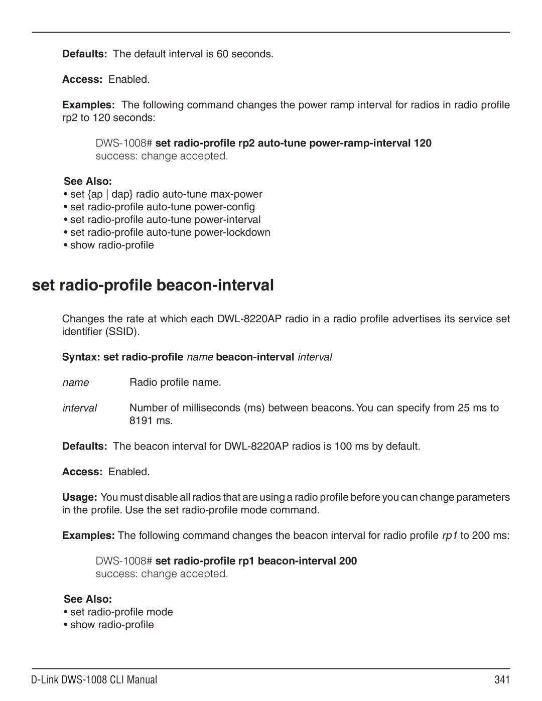 D-Link dws-1008 manual Set radio-profile beacon-interval, Defaults The default interval is 60 seconds 