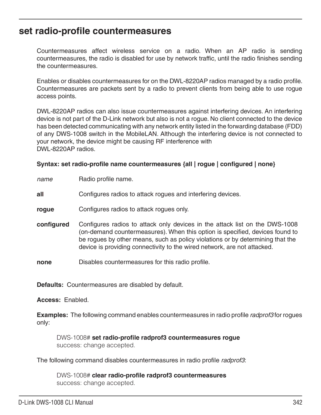 D-Link dws-1008 manual Set radio-profile countermeasures, Rogue, Configured, None 