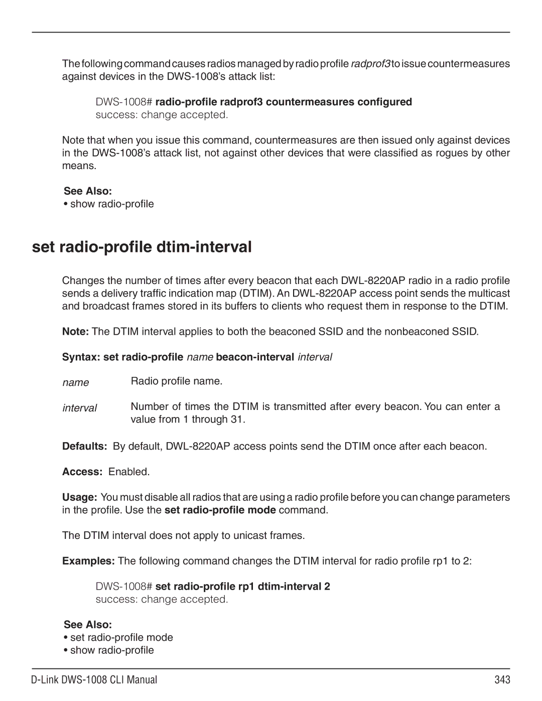 D-Link dws-1008 manual Set radio-profile dtim-interval 