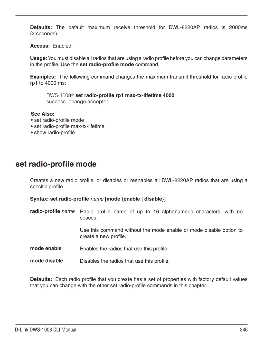 D-Link dws-1008 manual Set radio-profile mode, Syntax set radio-profile name mode enable disable 