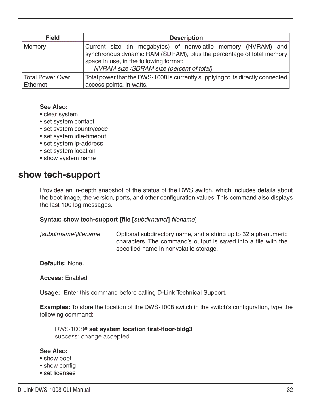 D-Link dws-1008 manual Show tech-support, Nvram size /SDRAM size percent of total 