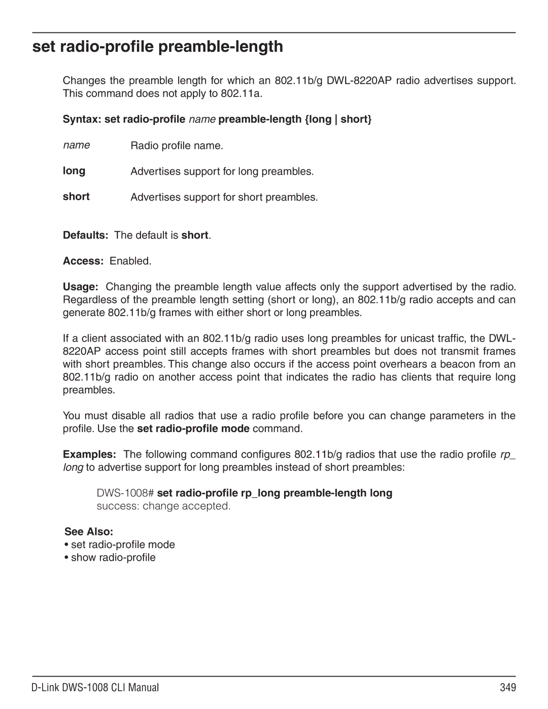 D-Link dws-1008 Set radio-profile preamble-length, Syntax set radio-profile name preamble-length long short, Long, Short 