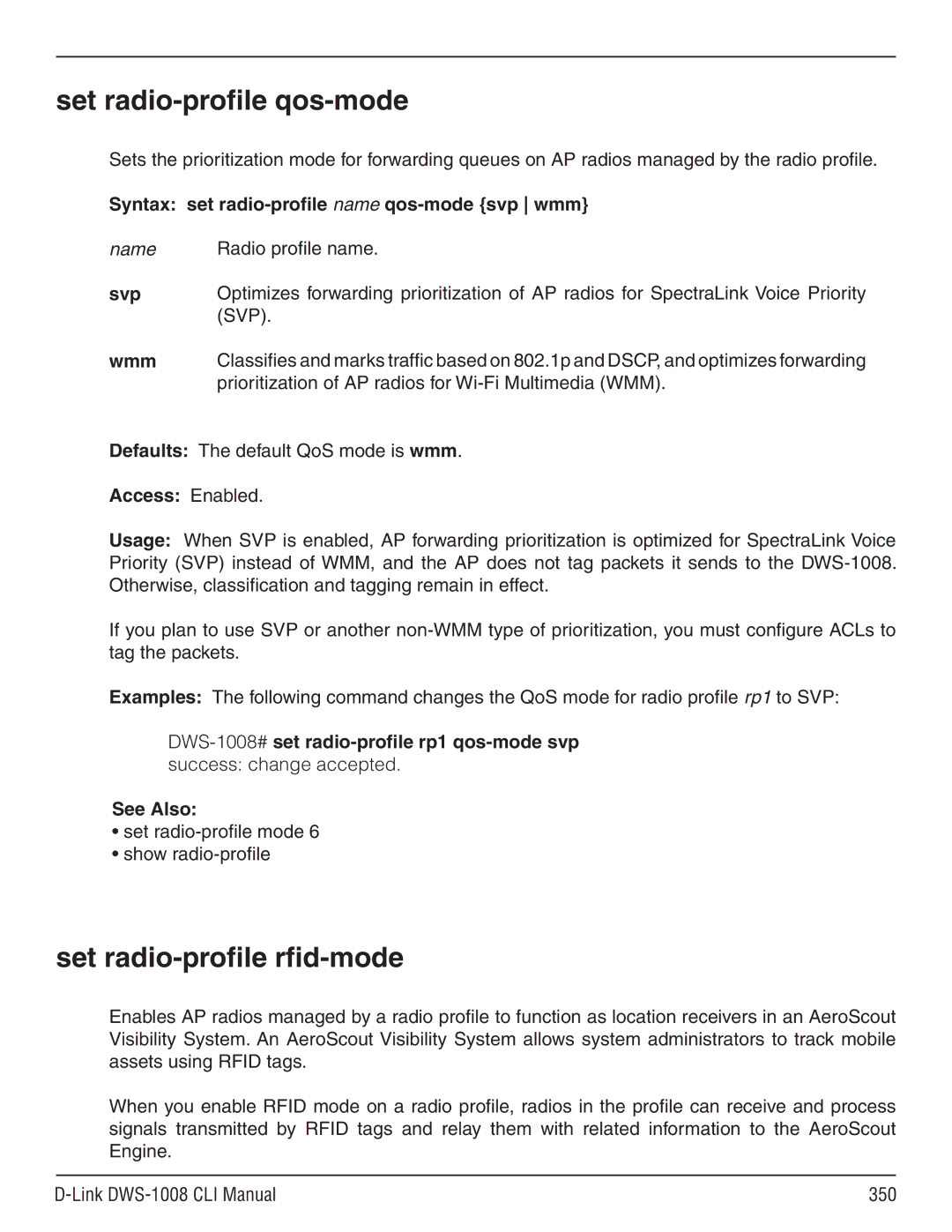 D-Link dws-1008 Set radio-profile qos-mode, Set radio-profile rfid-mode, Syntax set radio-profile name qos-mode svp wmm 