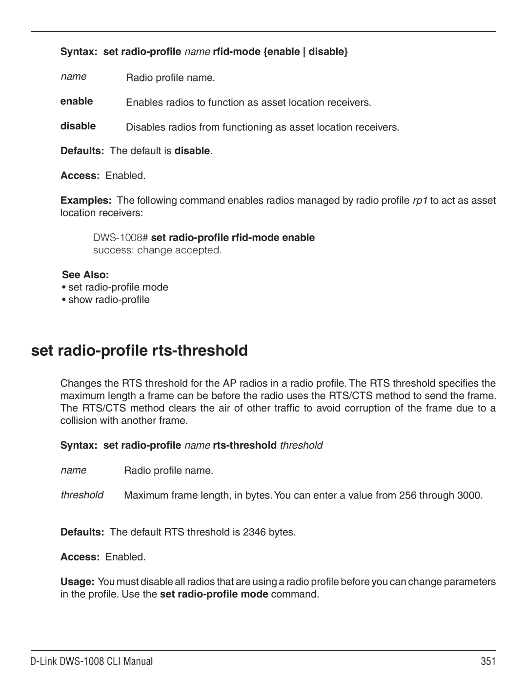 D-Link dws-1008 manual Set radio-profile rts-threshold, Syntax set radio-profile name rfid-mode enable disable 