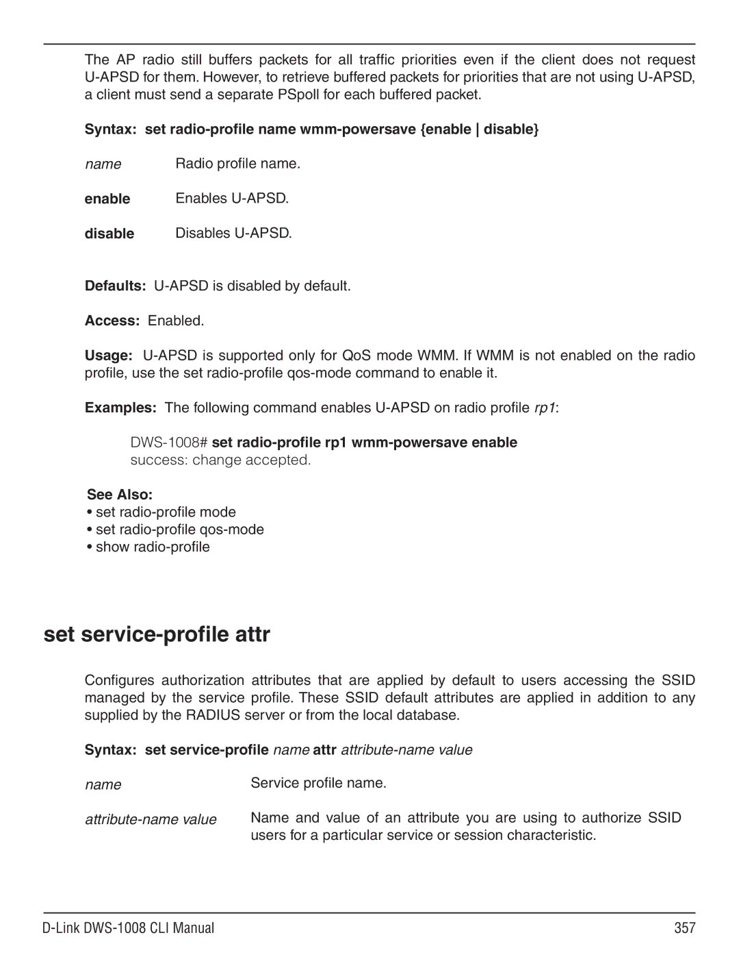 D-Link dws-1008 manual Set service-profile attr, Syntax set radio-profile name wmm-powersave enable disable 