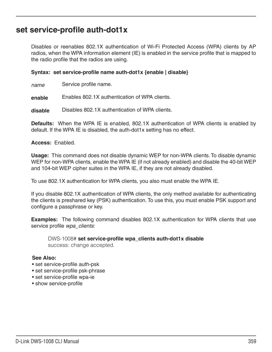 D-Link dws-1008 manual Set service-profile auth-dot1x, Syntax set service-profile name auth-dot1x enable disable 