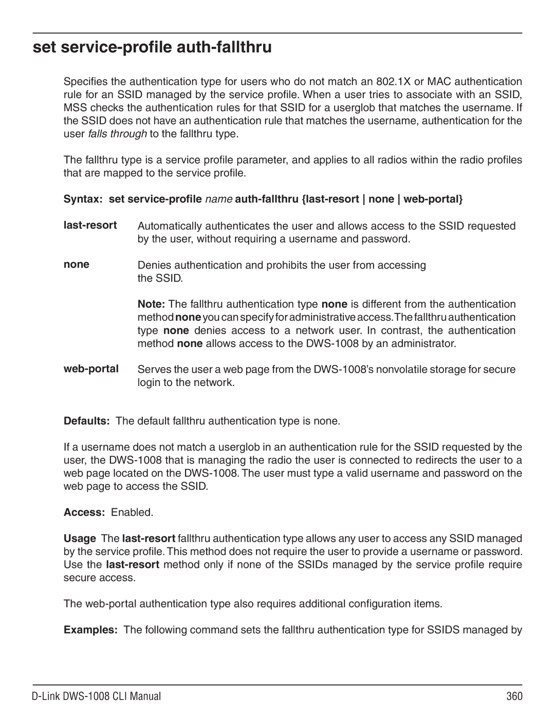 D-Link dws-1008 manual Set service-profile auth-fallthru 