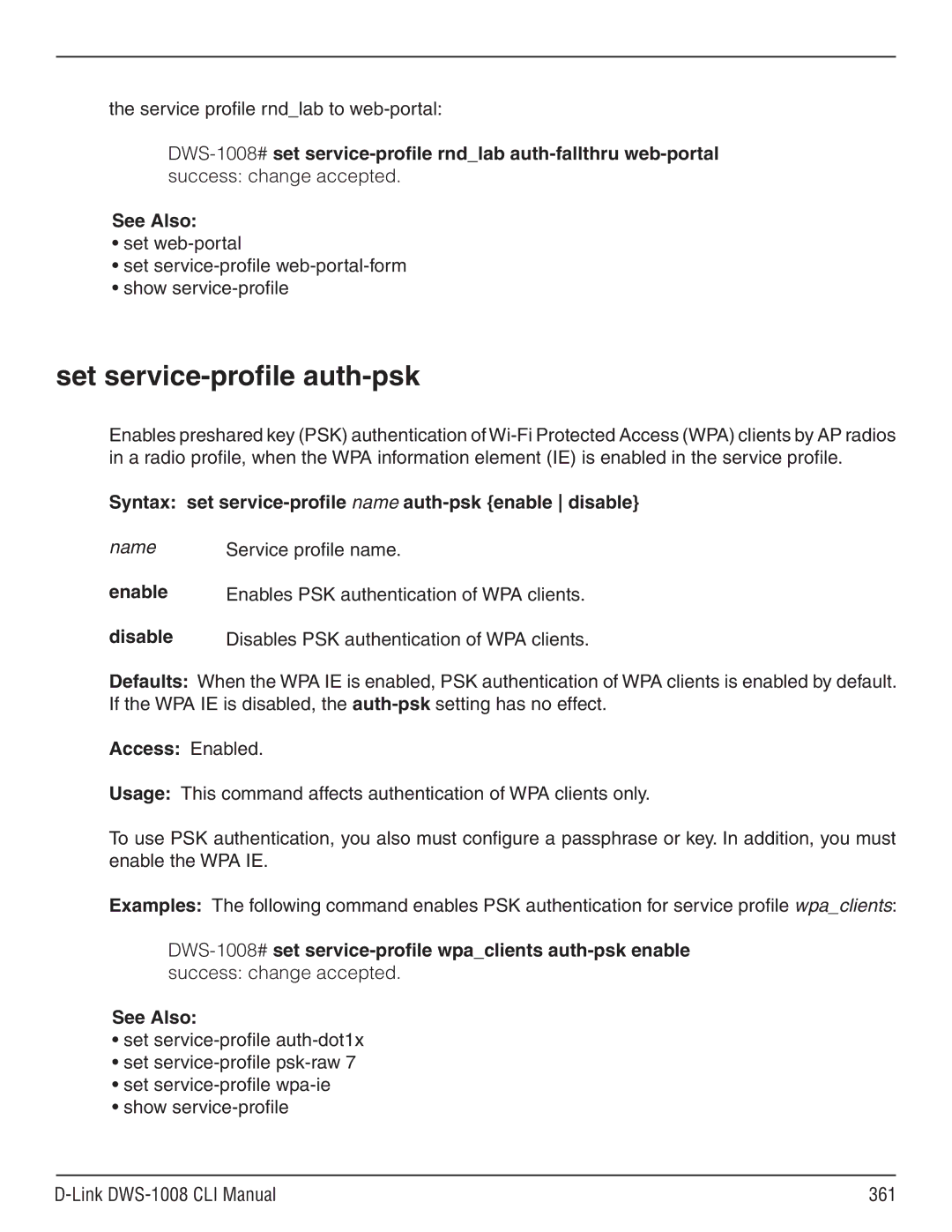 D-Link dws-1008 manual Set service-profile auth-psk, Syntax set service-profile name auth-psk enable disable 