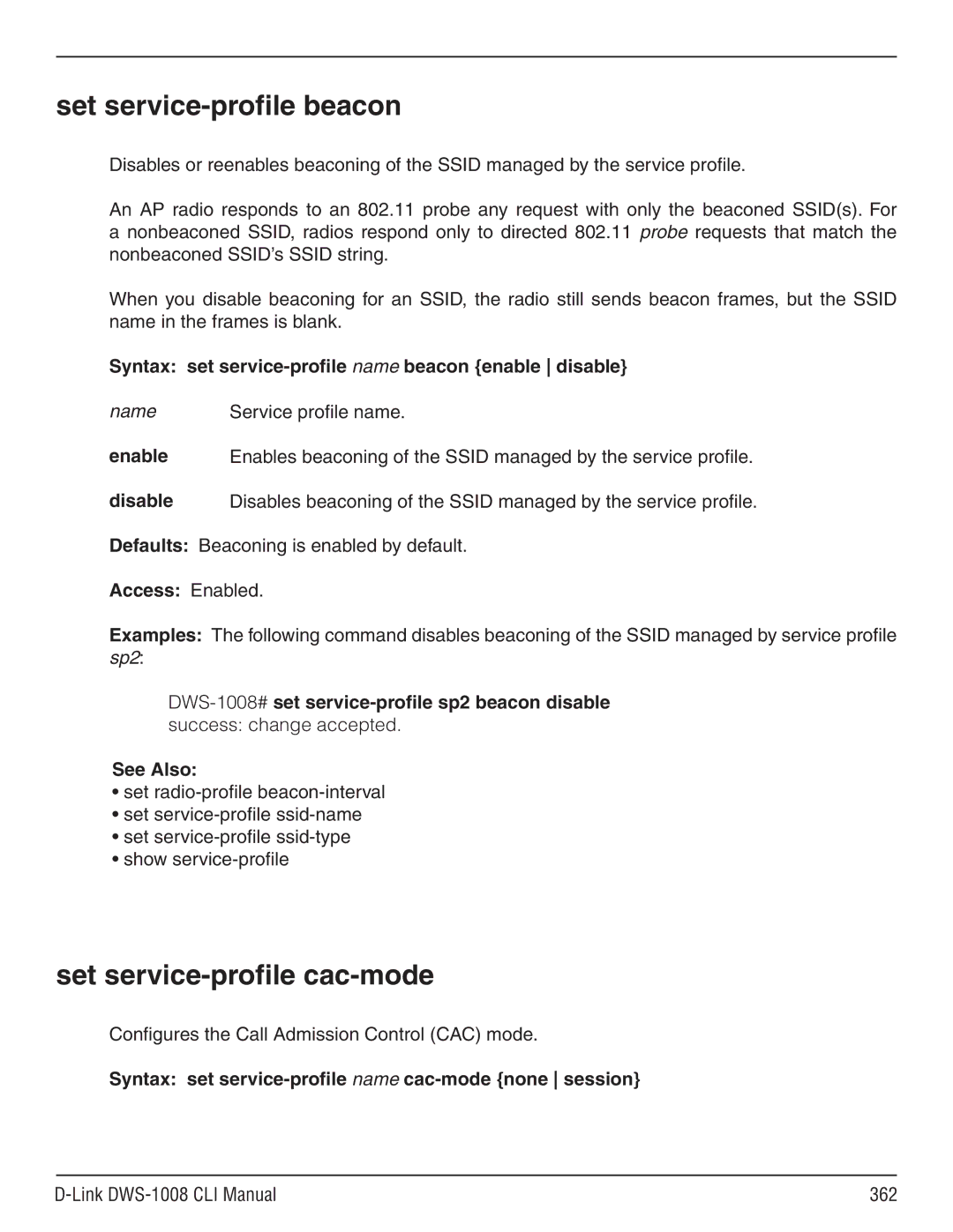 D-Link dws-1008 manual Set service-profile beacon, Set service-profile cac-mode 