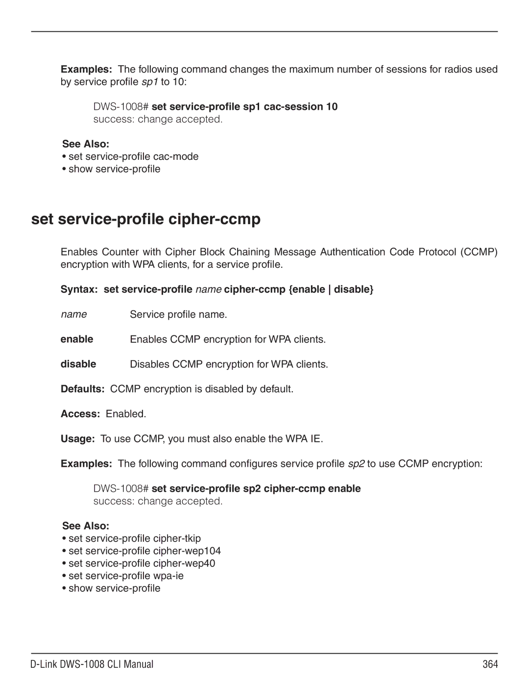 D-Link dws-1008 manual Set service-profile cipher-ccmp, Syntax set service-profile name cipher-ccmp enable disable 