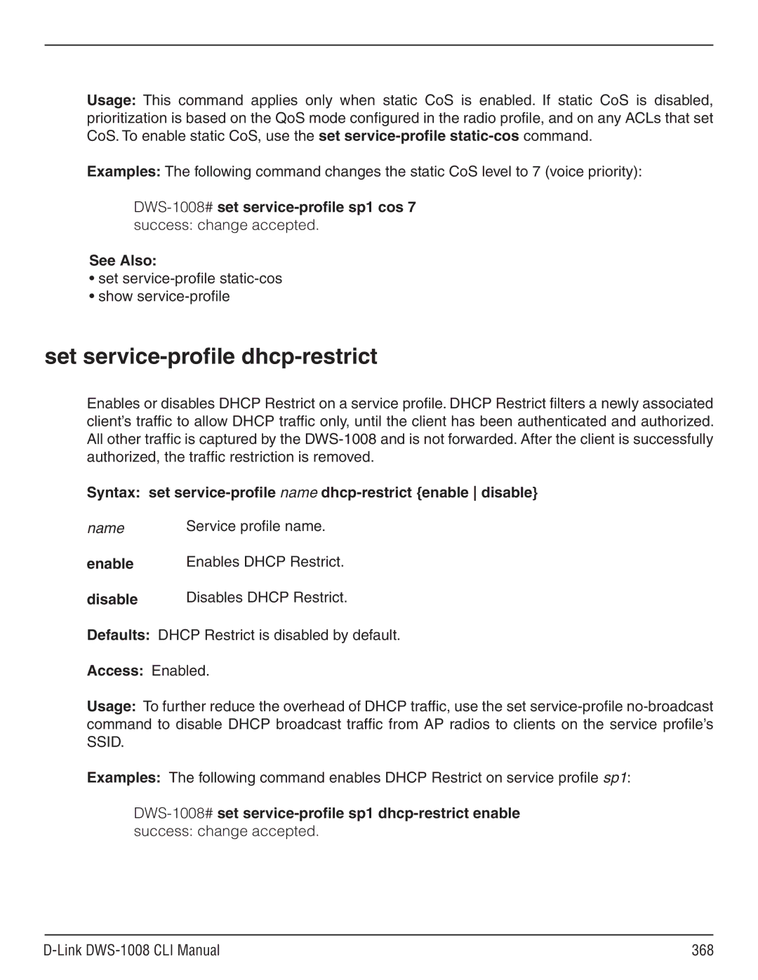 D-Link dws-1008 manual Set service-profile dhcp-restrict, Set service-profile static-cos Show service-profile 