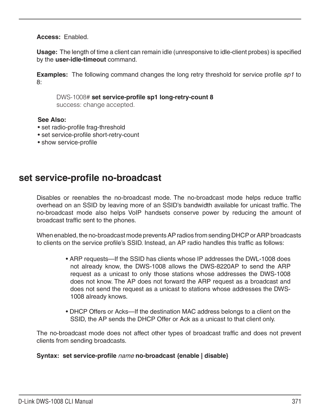 D-Link dws-1008 manual Set service-profile no-broadcast, Syntax set service-profile name no-broadcast enable disable 