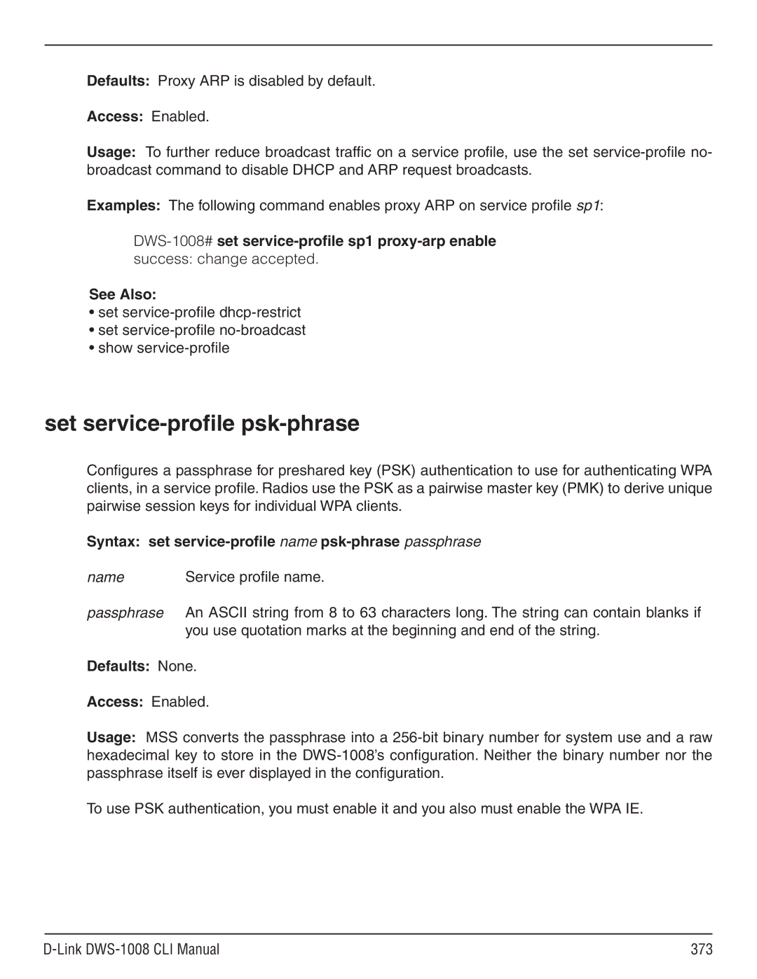 D-Link dws-1008 manual Set service-profile psk-phrase, Defaults Proxy ARP is disabled by default 