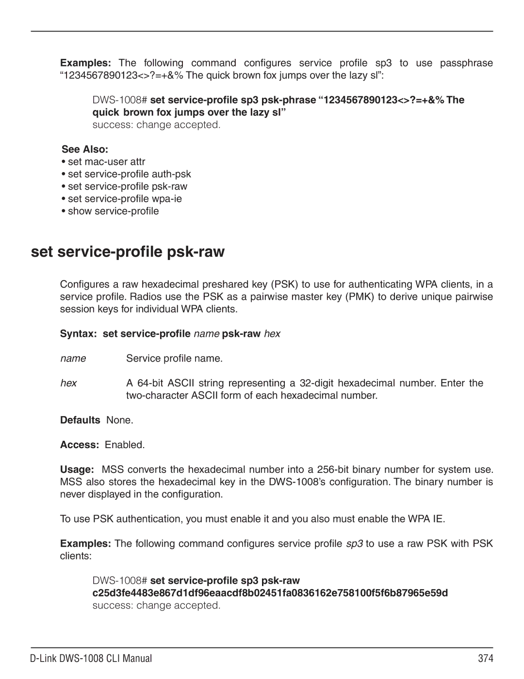 D-Link dws-1008 manual Set service-profile psk-raw, Syntax set service-profile name psk-raw hex 