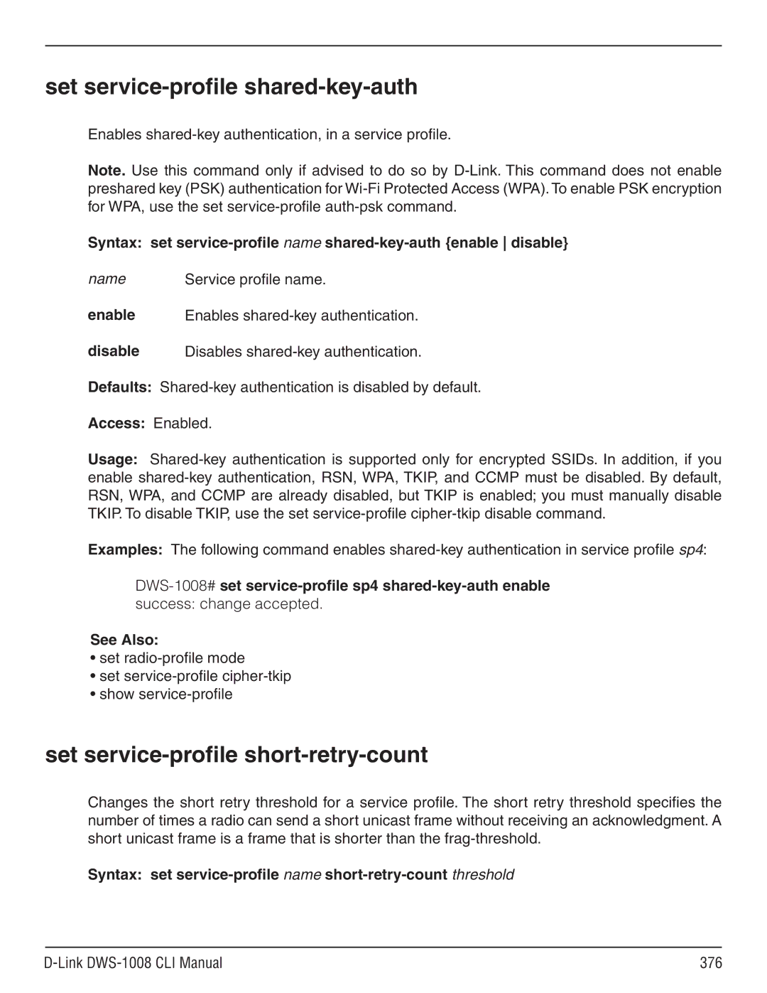 D-Link dws-1008 Set service-profile shared-key-auth, Set service-profile short-retry-count, Link DWS-1008 CLI Manual 376 