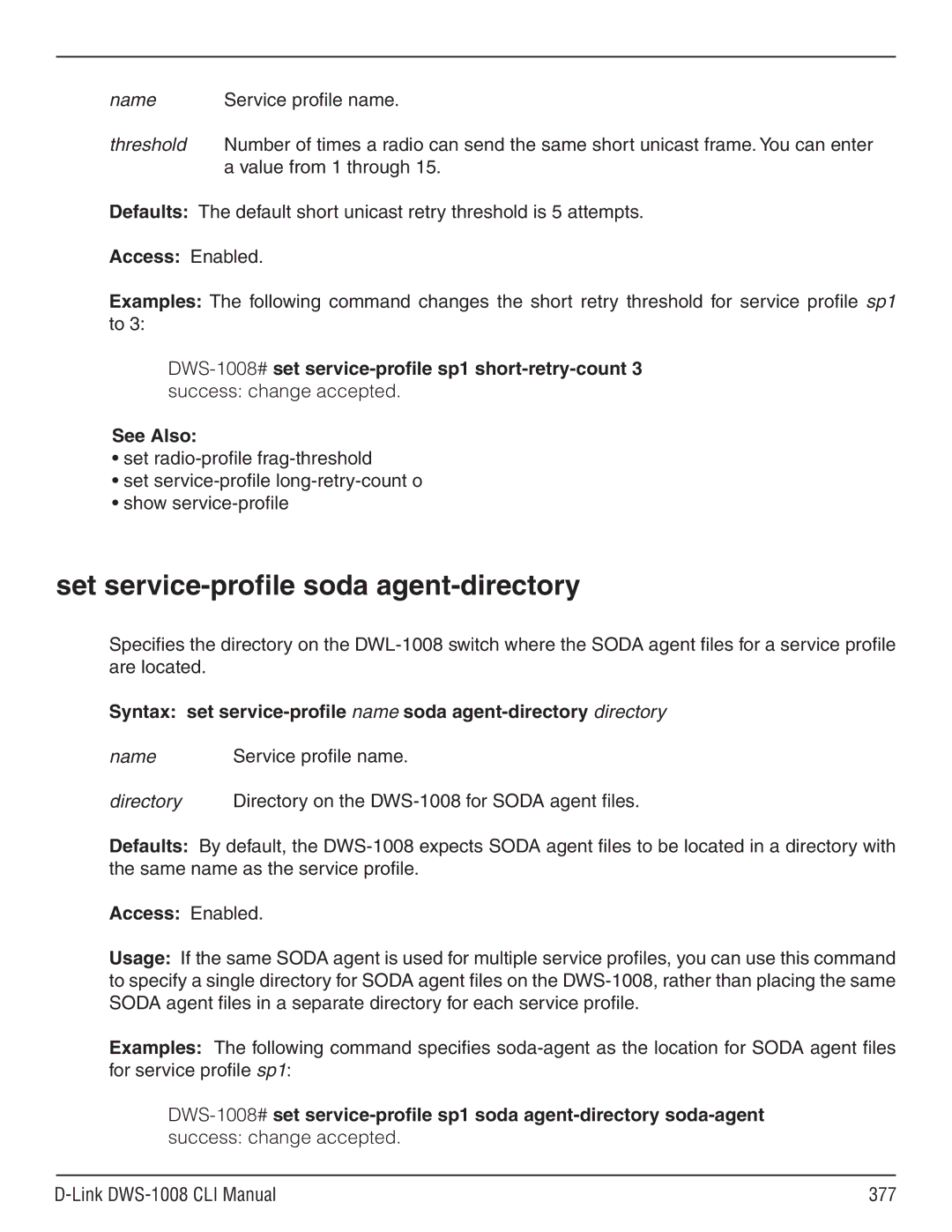 D-Link dws-1008 manual Set service-profile soda agent-directory 