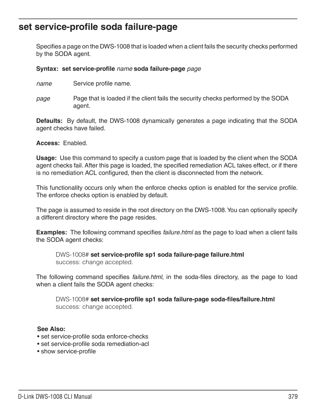 D-Link dws-1008 manual Set service-profile soda failure-page, Syntax set service-profile name soda failure-page 