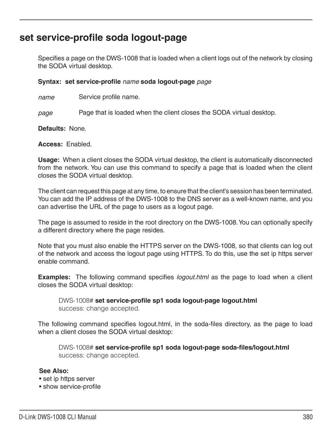 D-Link dws-1008 manual Set service-profile soda logout-page, Syntax set service-profile name soda logout-page 