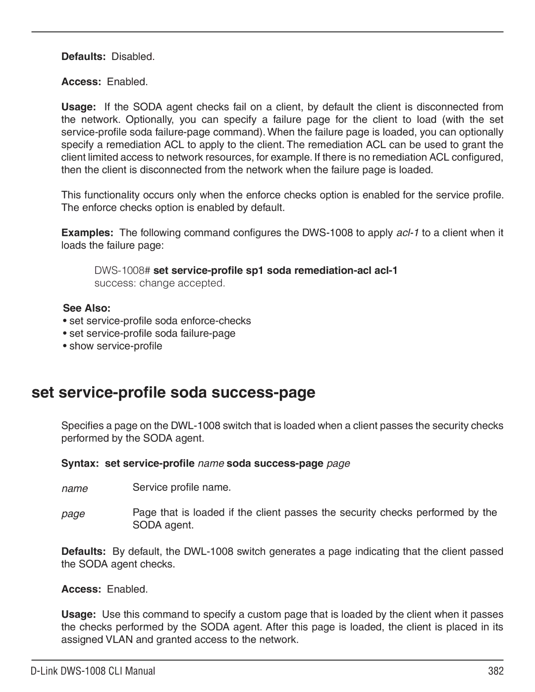 D-Link dws-1008 manual Set service-profile soda success-page, Syntax set service-profile name soda success-page 