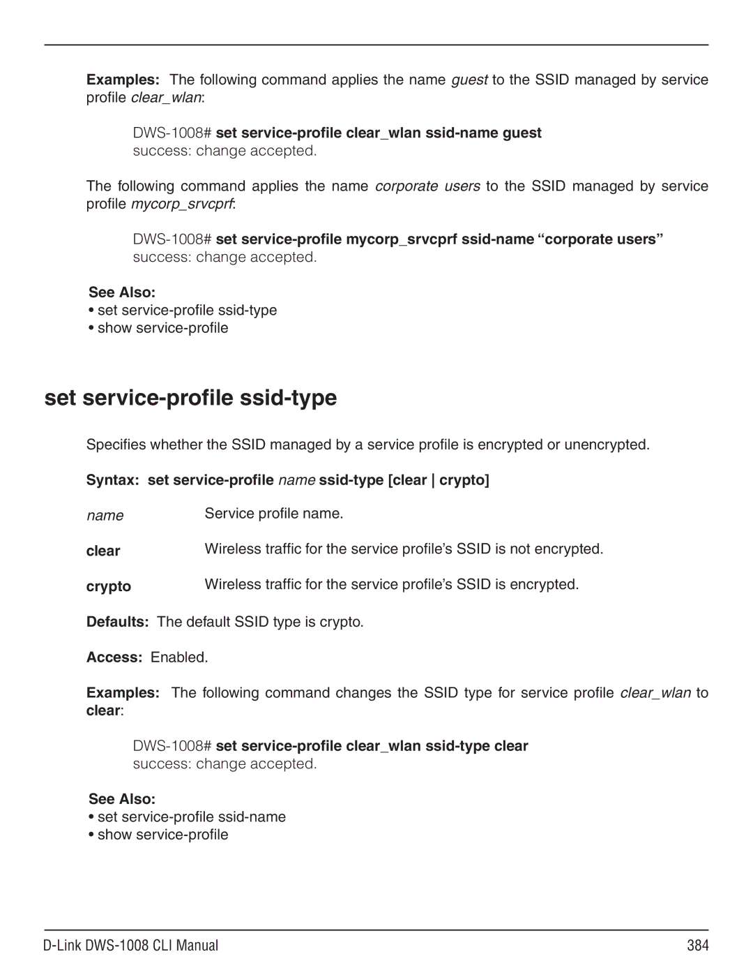 D-Link dws-1008 manual Set service-profile ssid-type, Syntax set service-profile name ssid-type clear crypto, Clear, Crypto 