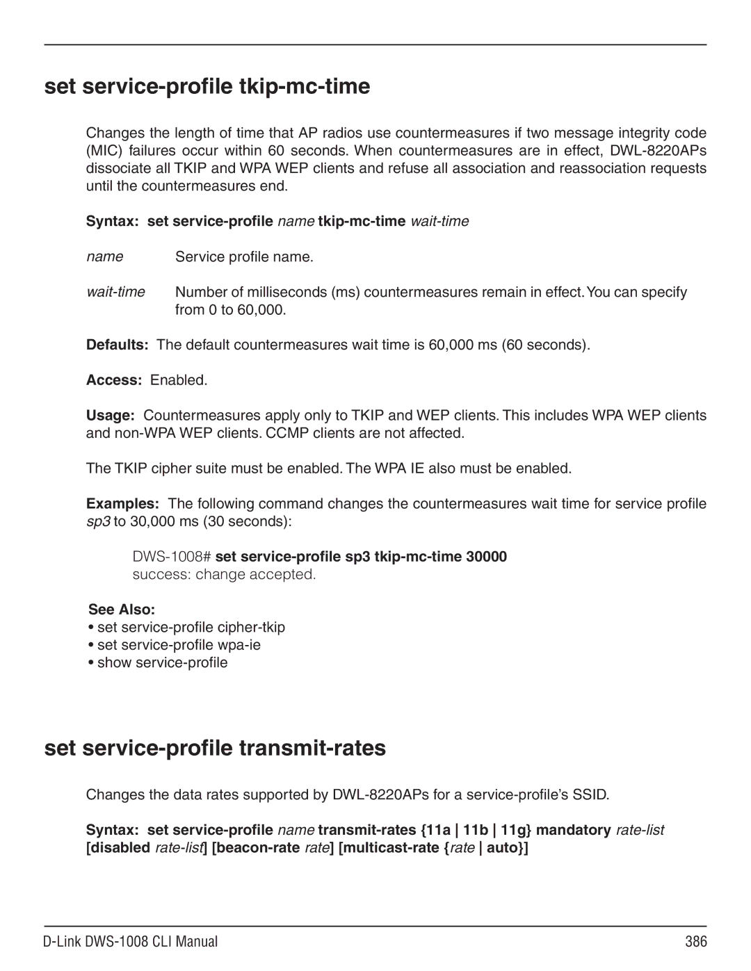 D-Link dws-1008 manual Set service-profile tkip-mc-time, Set service-profile transmit-rates, Link DWS-1008 CLI Manual 386 