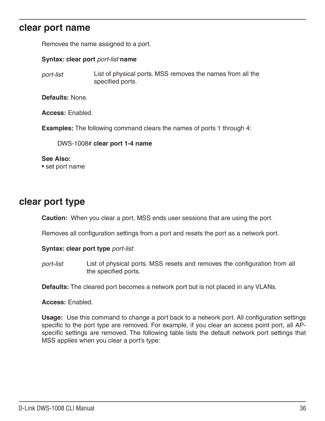 D-Link dws-1008 manual Clear port name, Clear port type, Defaults None 