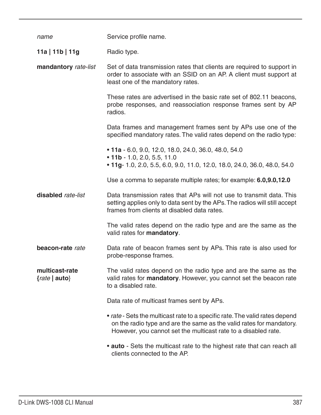 D-Link dws-1008 manual 11a 11b 11g, Mandantory rate-list, Disabled rate-list, Beacon-rate rate, Multicast-rate, Rate auto 