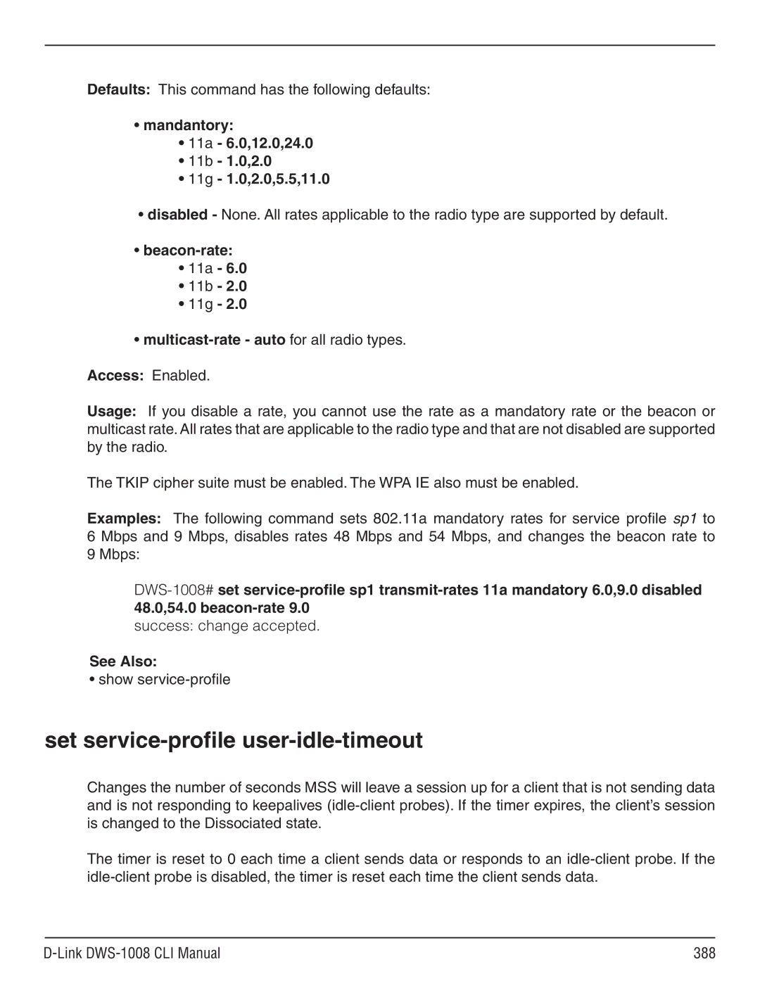 D-Link dws-1008 manual Set service-profile user-idle-timeout, Defaults This command has the following defaults 