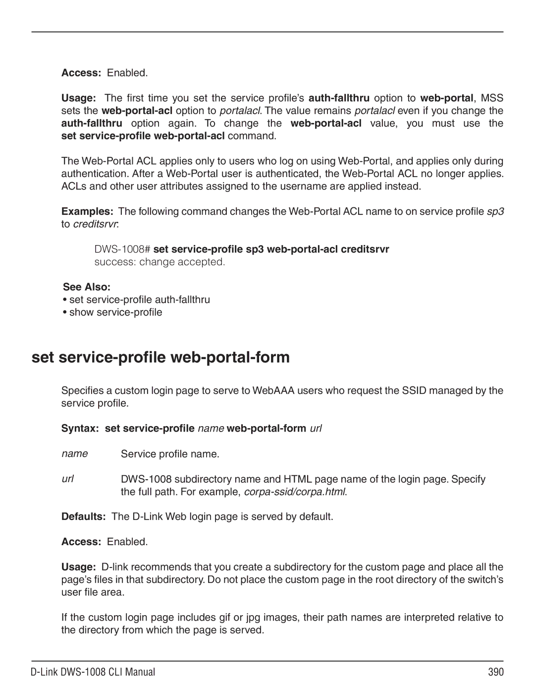 D-Link dws-1008 manual Set service-profile web-portal-form, Set service-profile auth-fallthru Show service-profile 