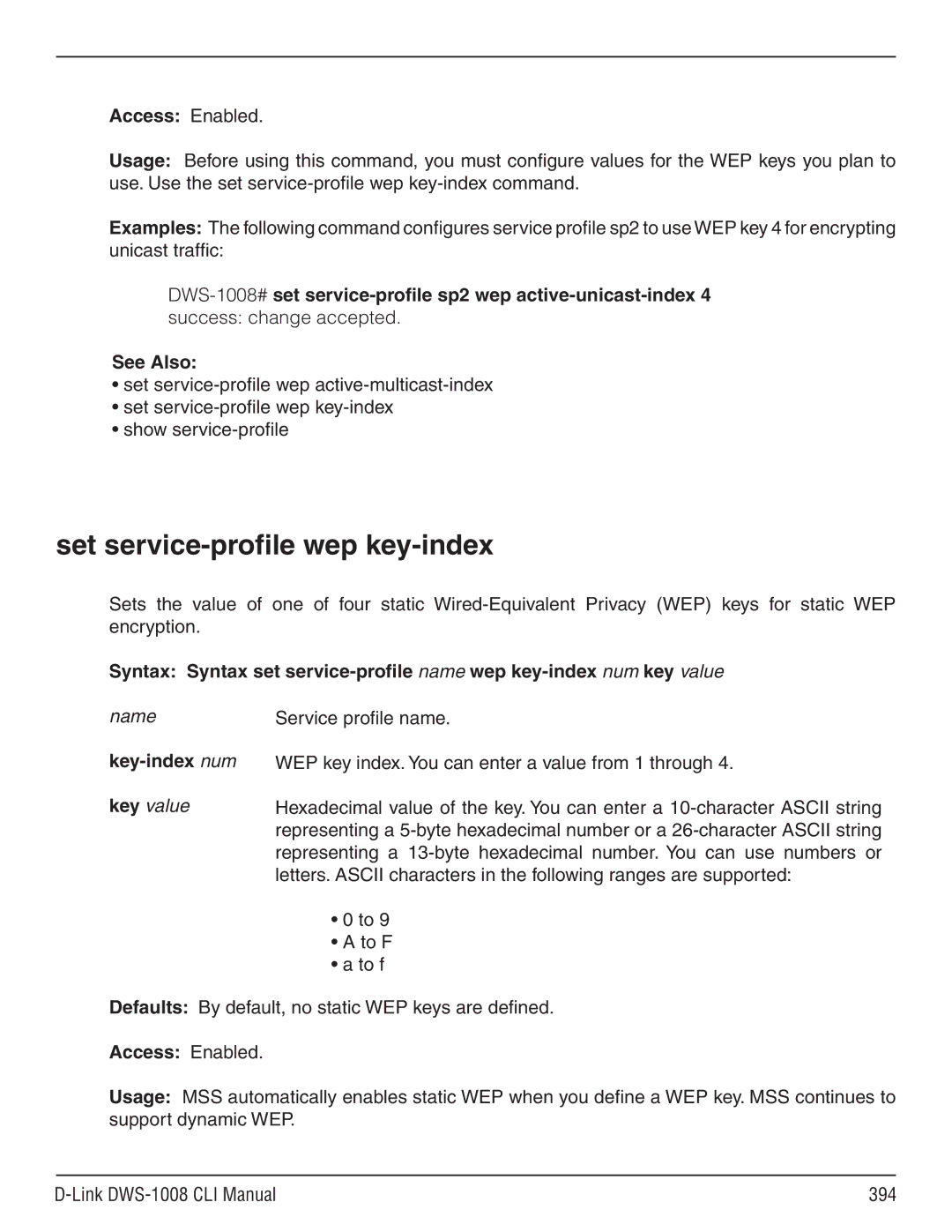 D-Link dws-1008 manual Set service-profile wep key-index, Key-index num key value 