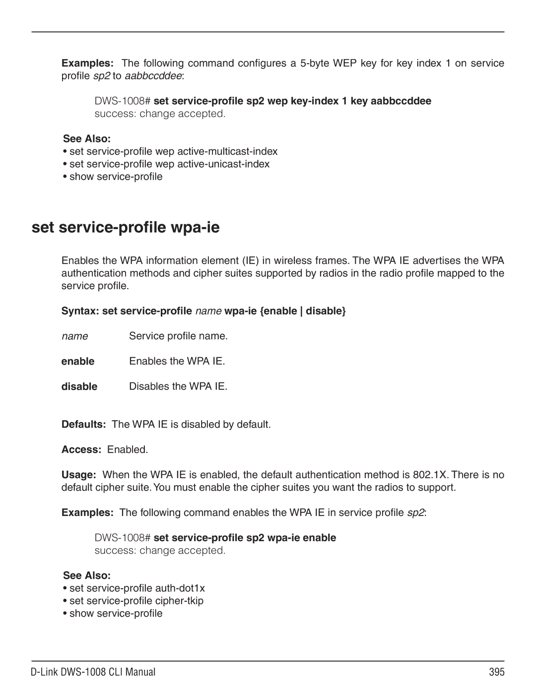 D-Link dws-1008 manual Set service-profile wpa-ie, Syntax set service-profile name wpa-ie enable disable 