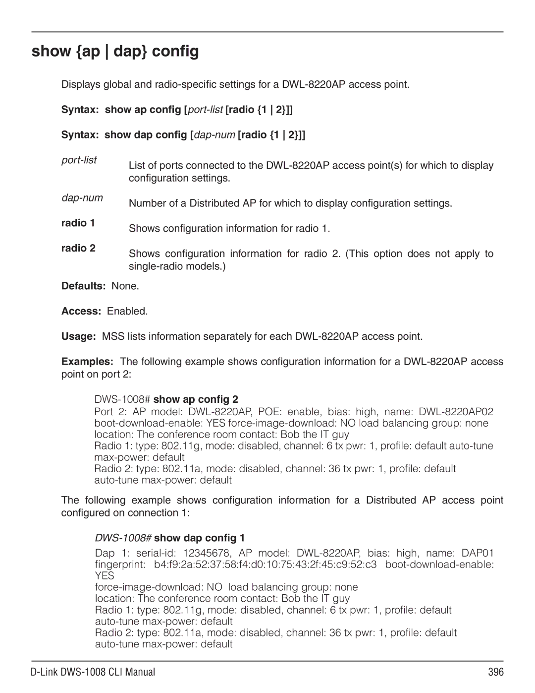 D-Link dws-1008 manual Show ap dap config, Shows configuration information for radio, Single-radio models 