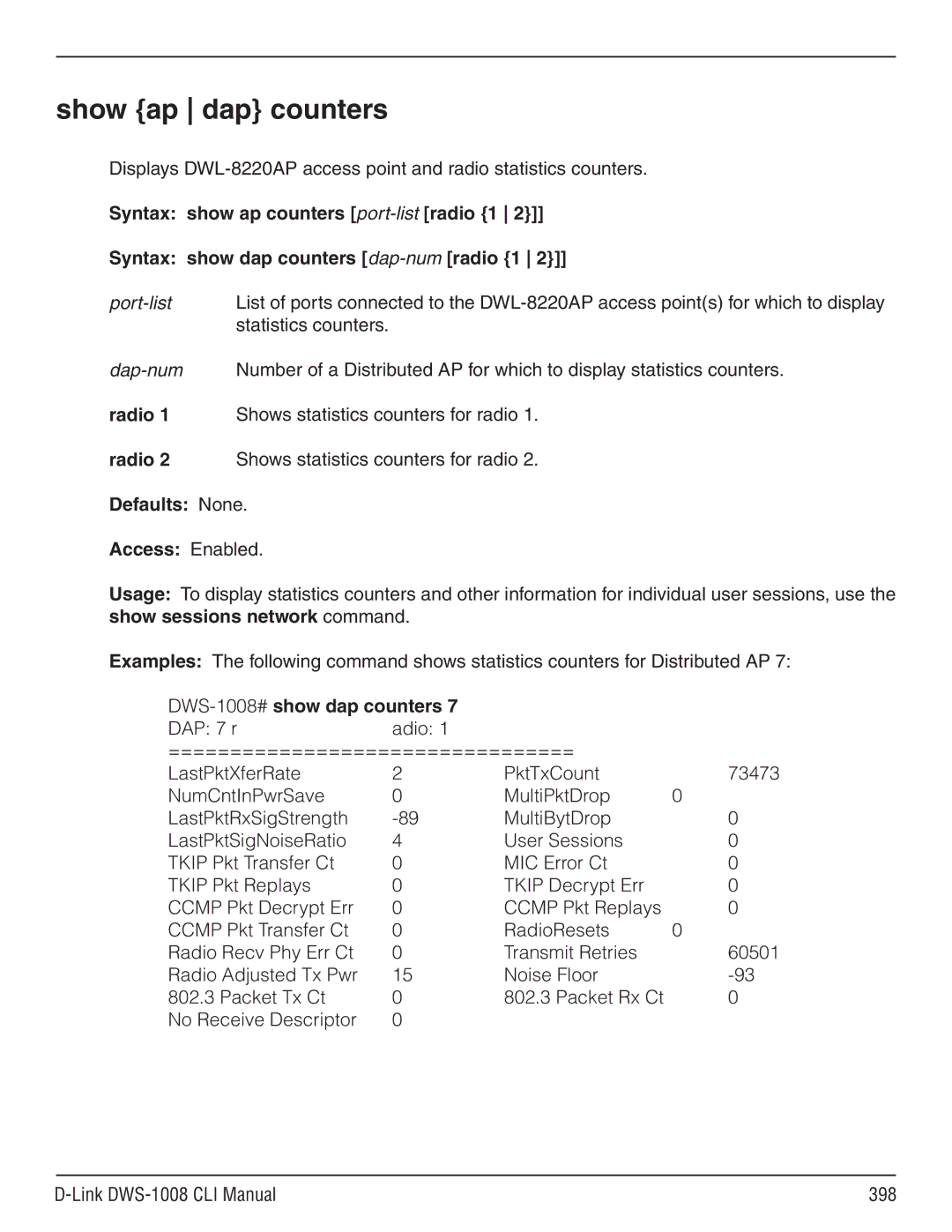D-Link dws-1008 manual Show ap dap counters, Shows statistics counters for radio, DWS-1008# show dap counters 