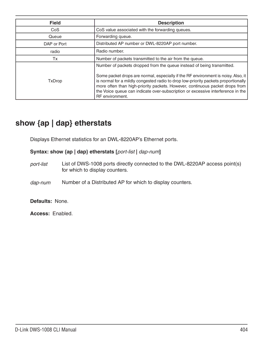 D-Link dws-1008 Show ap dap etherstats, Syntax show ap dap etherstats port-list dap-num, Link DWS-1008 CLI Manual 404 