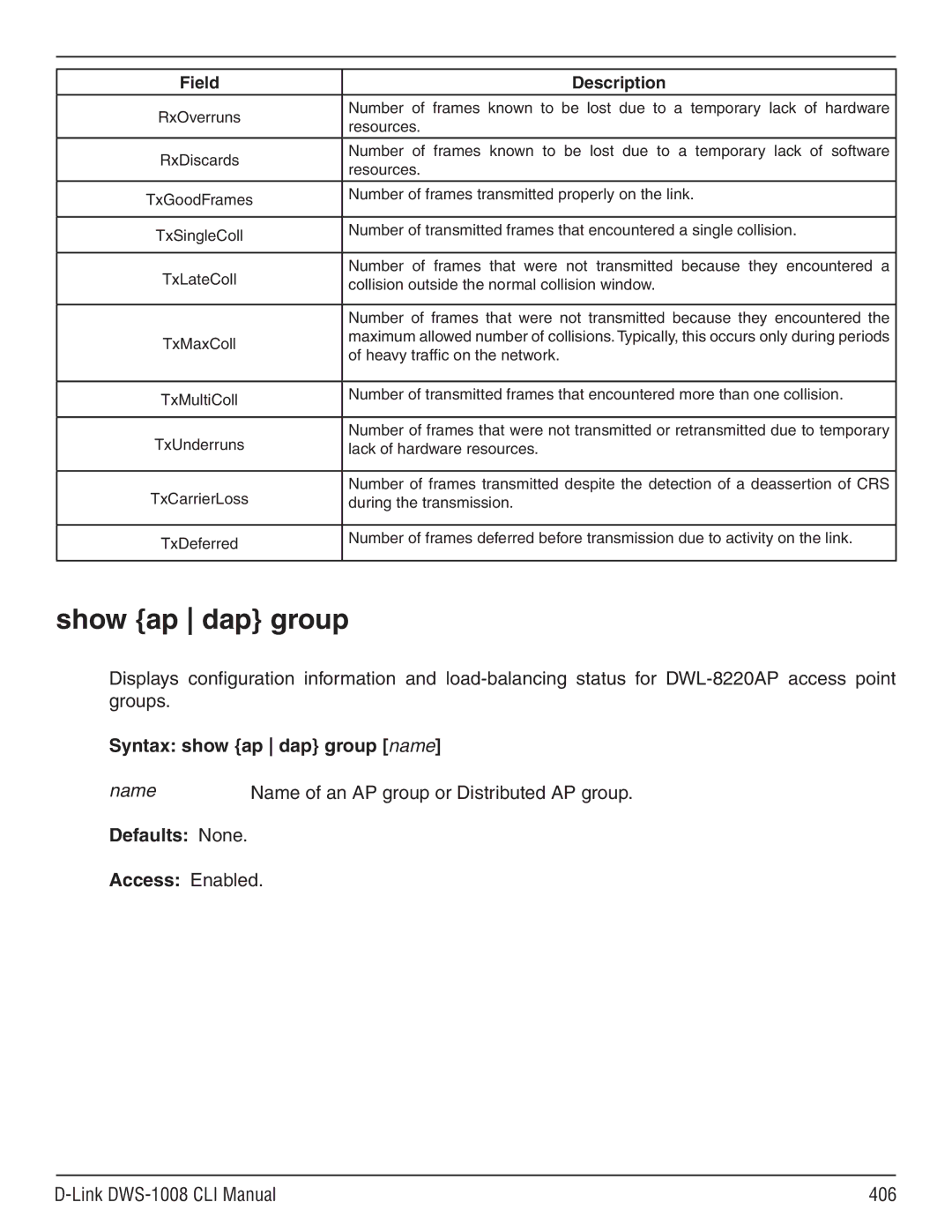 D-Link dws-1008 manual Show ap dap group, Syntax show ap dap group name, Name Name of an AP group or Distributed AP group 