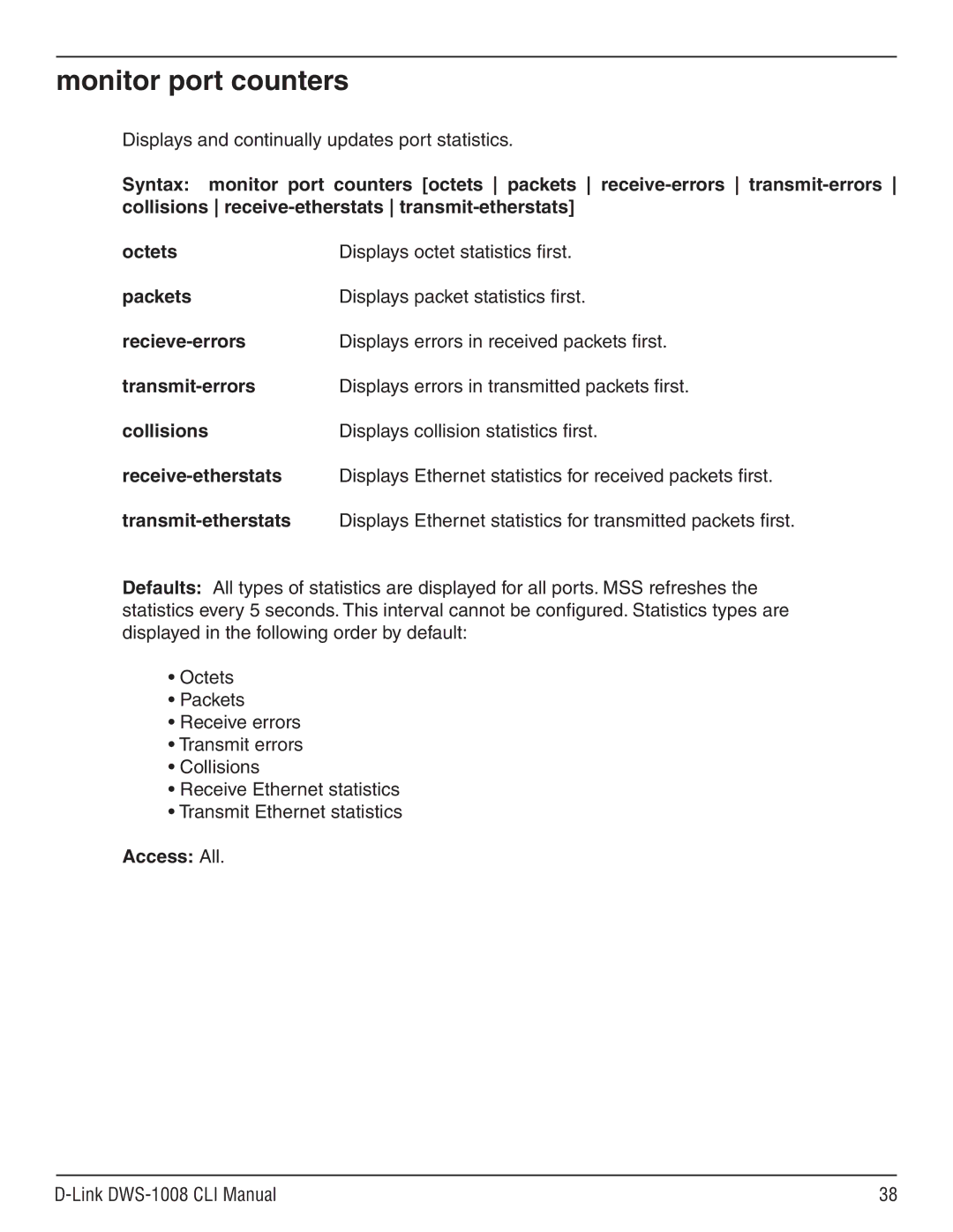 D-Link dws-1008 manual Monitor port counters 