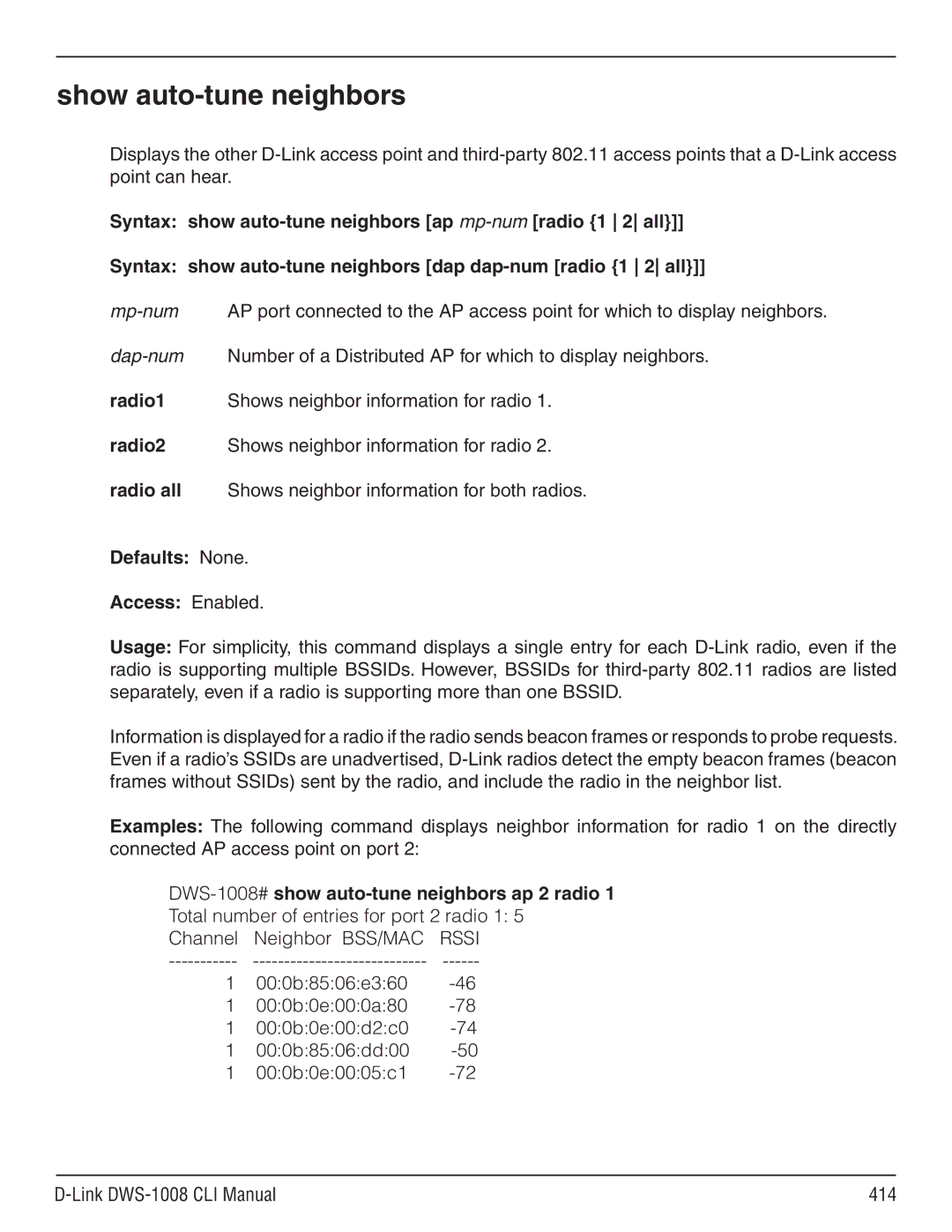 D-Link dws-1008 manual Show auto-tune neighbors, DWS-1008#show auto-tune neighbors ap 2 radio 