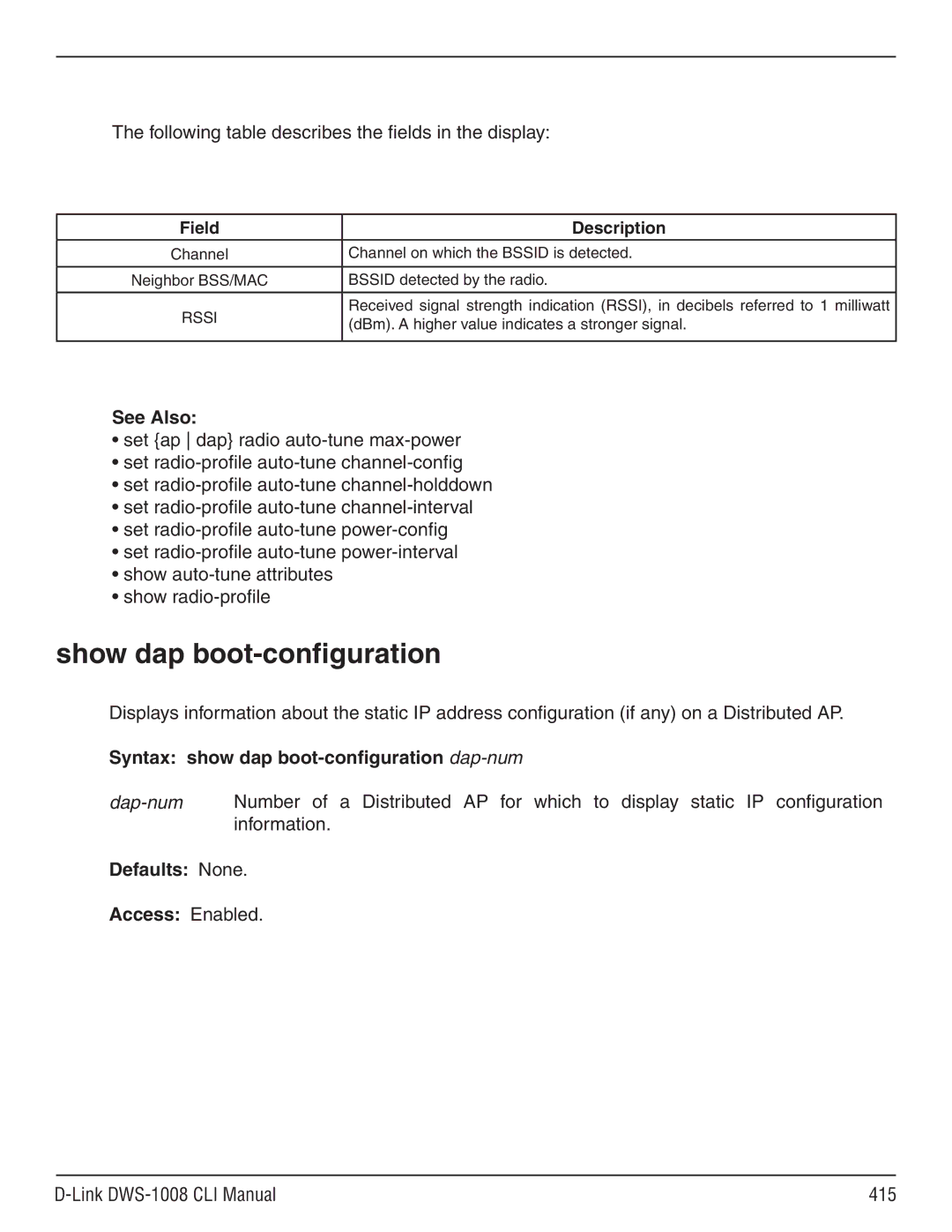 D-Link dws-1008 Show dap boot-configuration, Syntax show dap boot-configuration dap-num, Link DWS-1008 CLI Manual 415 