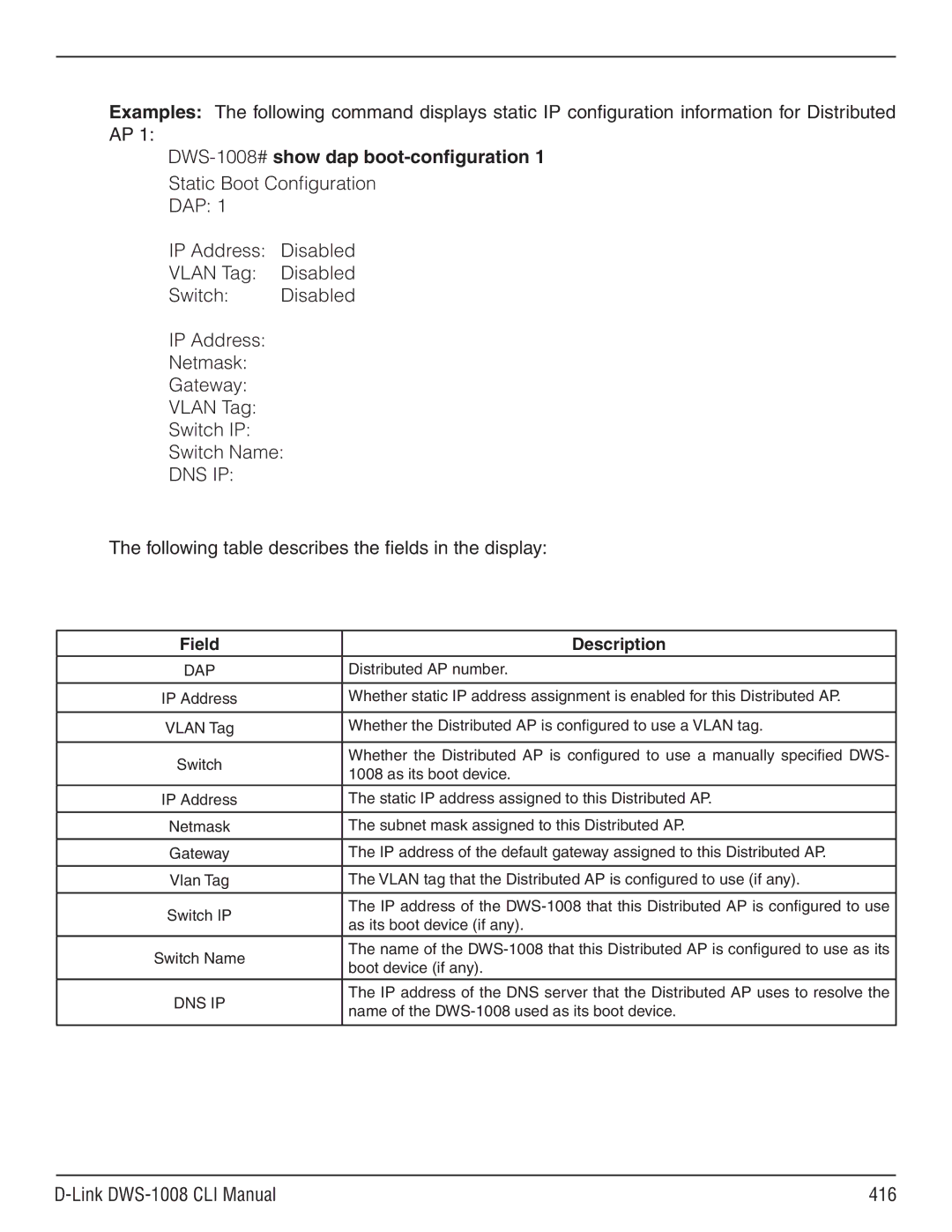 D-Link dws-1008 manual DWS-1008#show dap boot-configuration, Dns Ip, Link DWS-1008 CLI Manual 416 