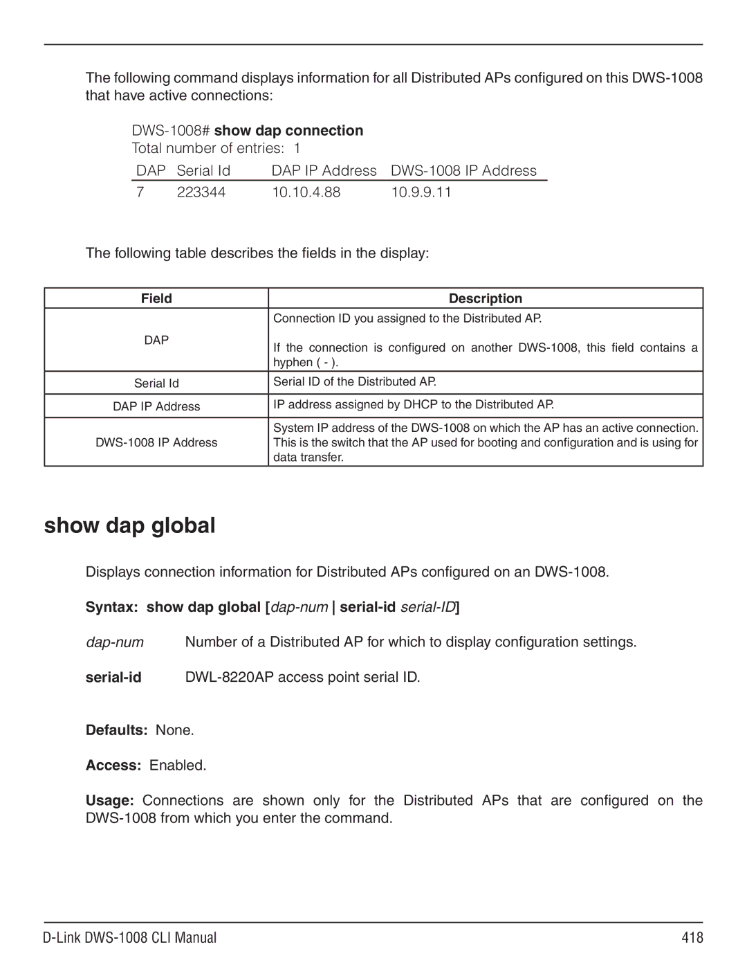 D-Link dws-1008 manual Show dap global, Syntax show dap global dap-num serial-id serial-ID 