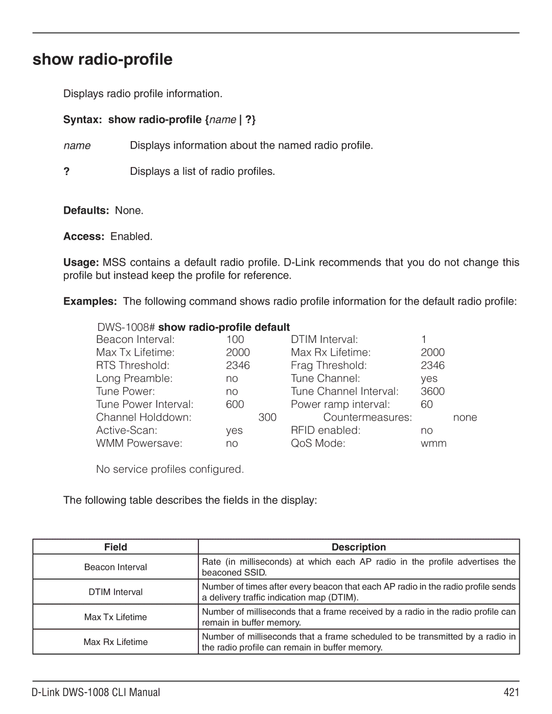 D-Link dws-1008 manual Show radio-profile, Syntax show radio-profile name ?, DWS-1008# show radio-profile default 