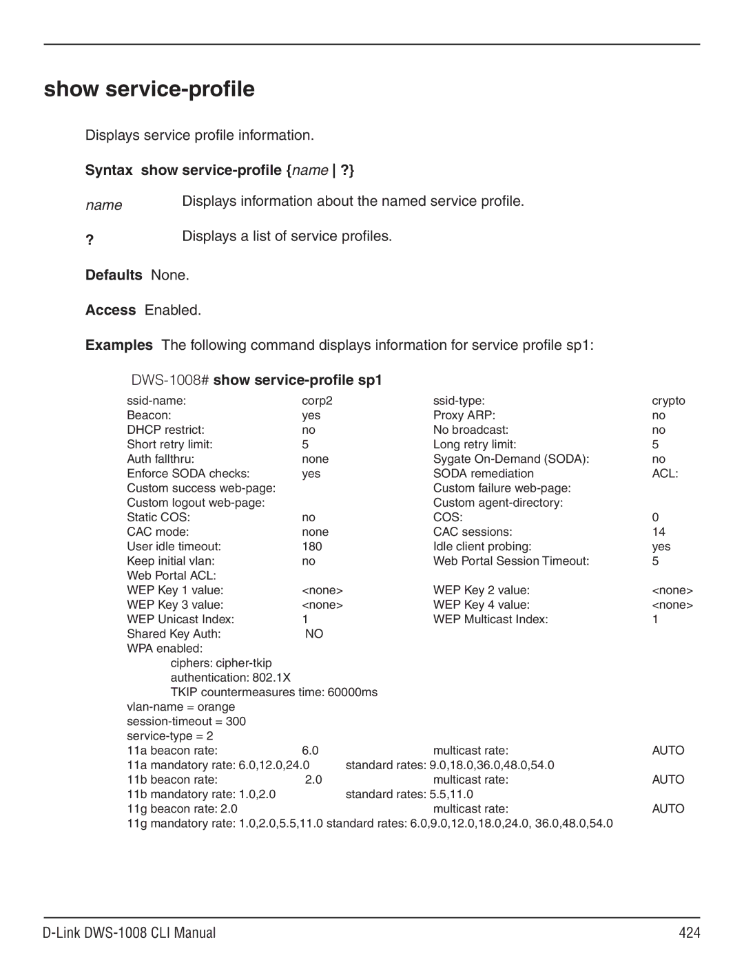 D-Link dws-1008 manual Show service-profile, Name 