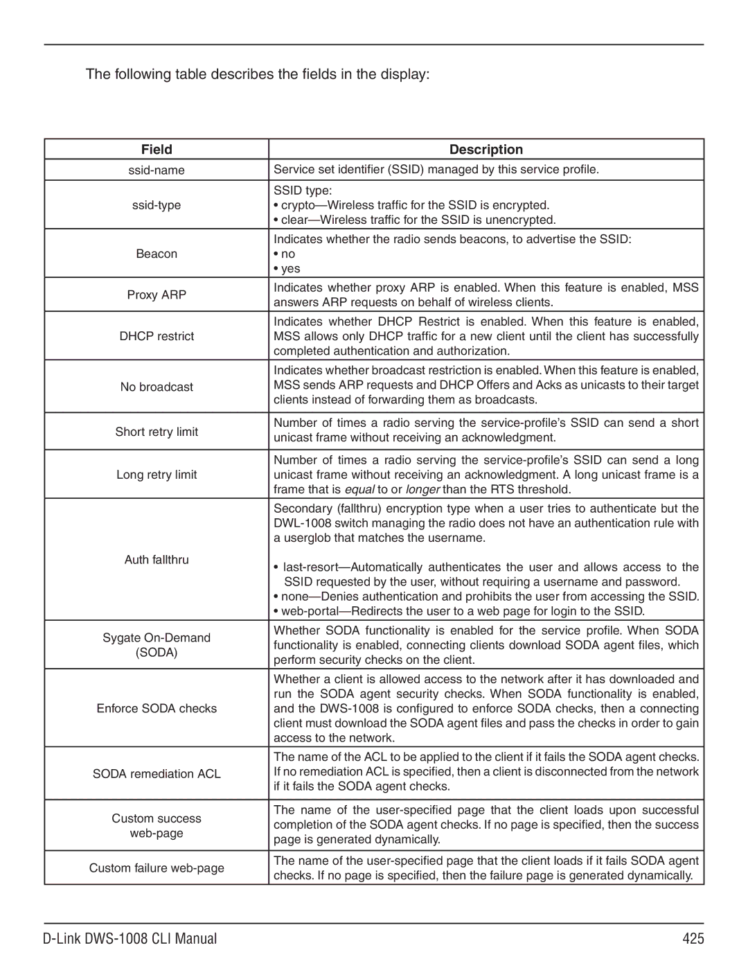 D-Link dws-1008 manual Link DWS-1008 CLI Manual 425, Soda 