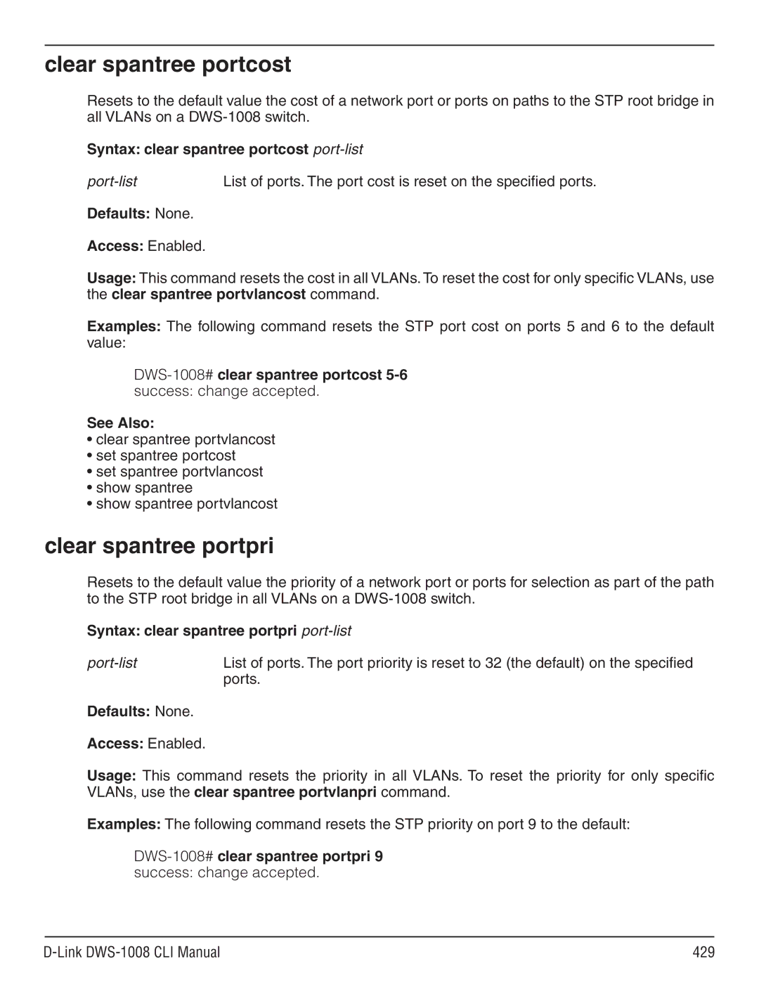 D-Link dws-1008 manual Clear spantree portcost, Clear spantree portpri, Syntax clear spantree portcost port-list 