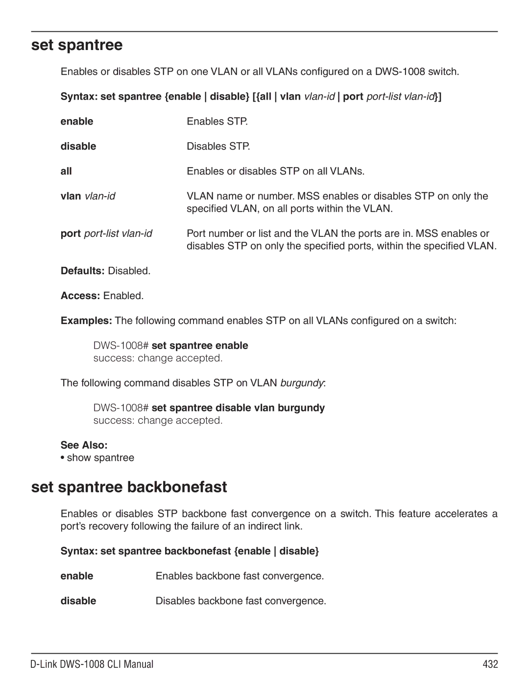 D-Link dws-1008 manual Set spantree backbonefast, Vlan vlan-id Port port-list vlan-id 