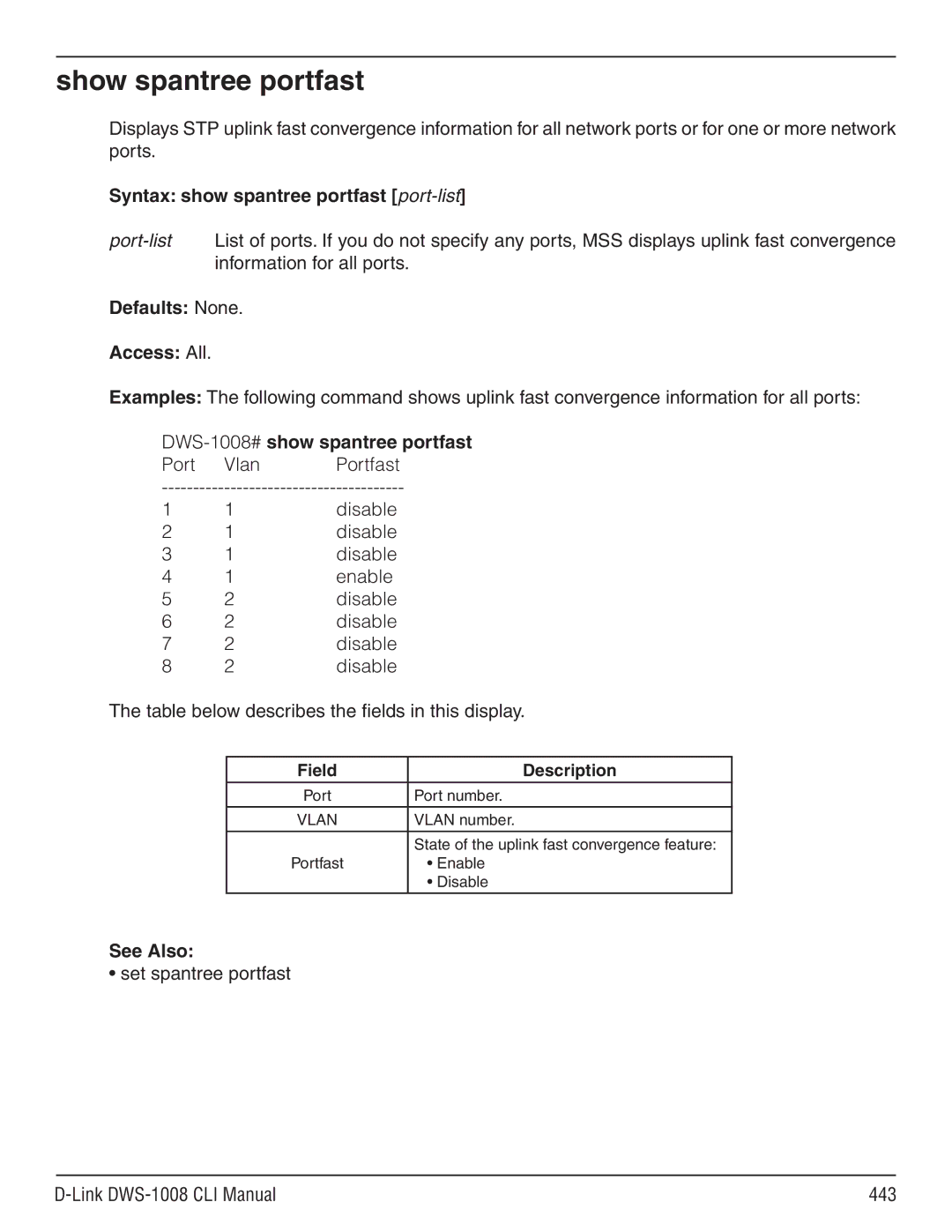 D-Link dws-1008 manual Show spantree portfast, Syntax show spantree portfast port-list, DWS-1008#show spantree portfast 