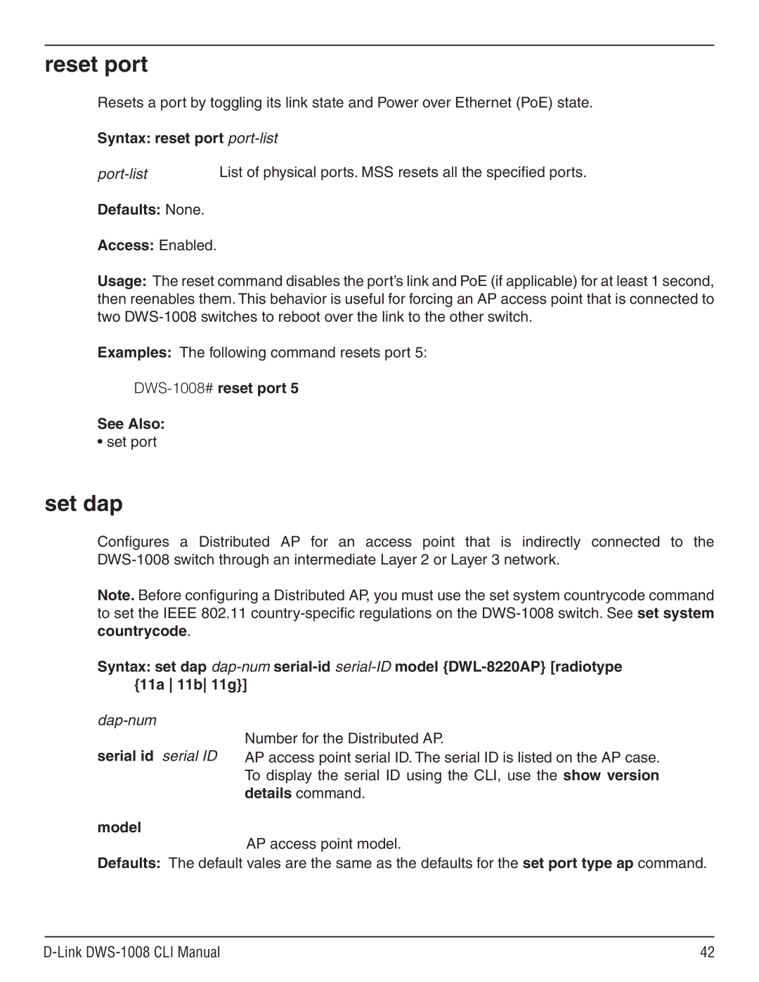 D-Link dws-1008 manual Reset port, Set dap, Serial id serial ID, Details command, Model 