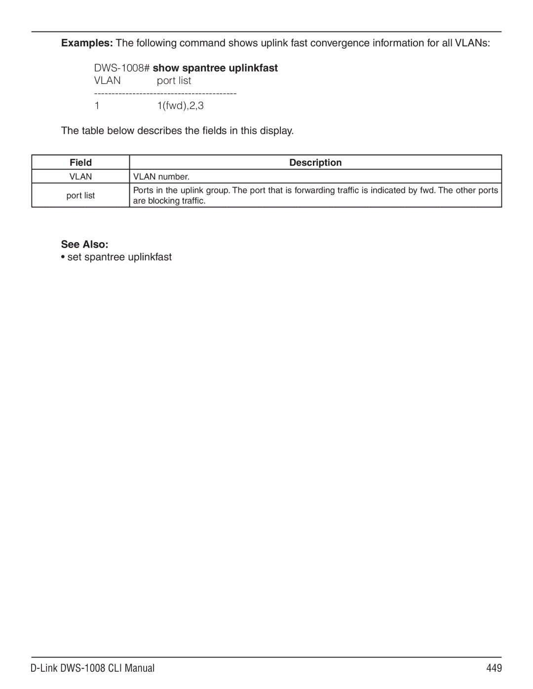 D-Link dws-1008 manual DWS-1008#show spantree uplinkfast, Set spantree uplinkfast Link DWS-1008 CLI Manual 449 